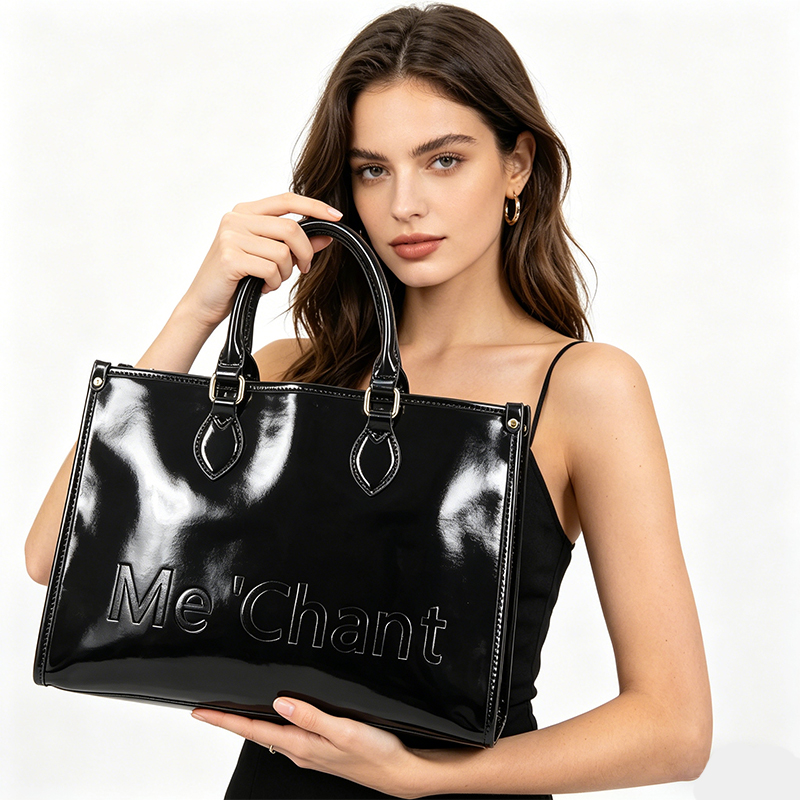 Top Handle Patent Bag - Kadın Siyah Parlak Patent PU Deri