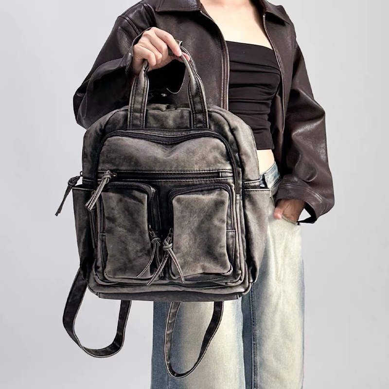 Luxury Bags With Zipper - Lüks Yumuşak Yıkanmış PU Deri Sırt