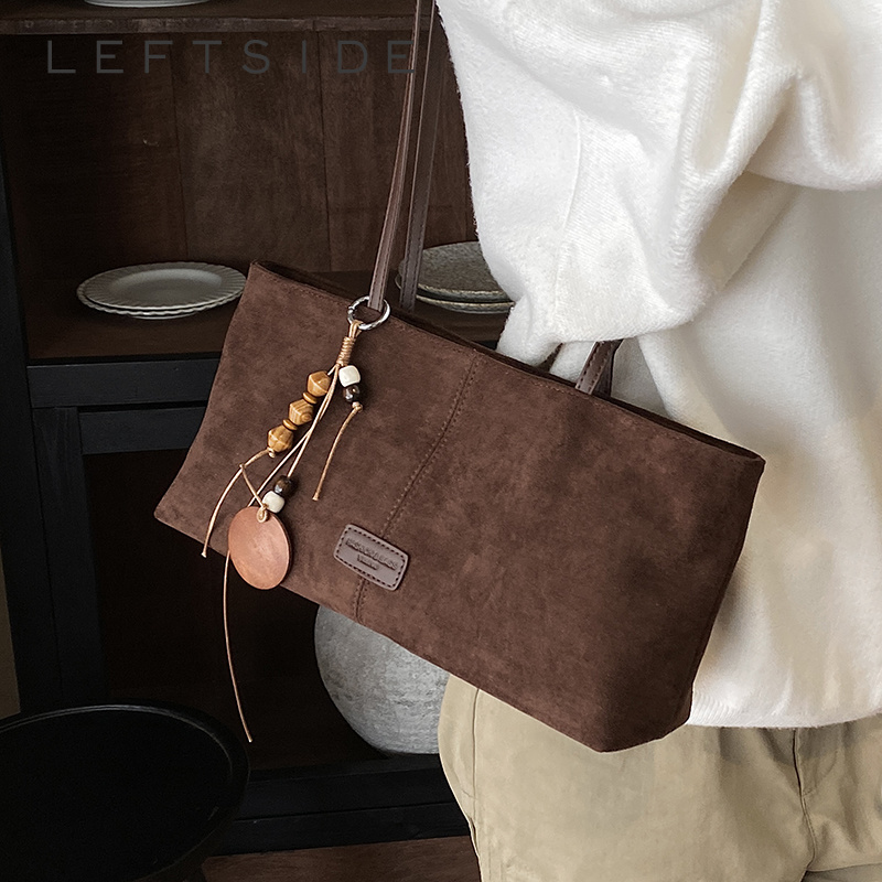 Luxury Bags 2026 - LEFTSIDE Retro Süet Omuz Çantası, Ahşap